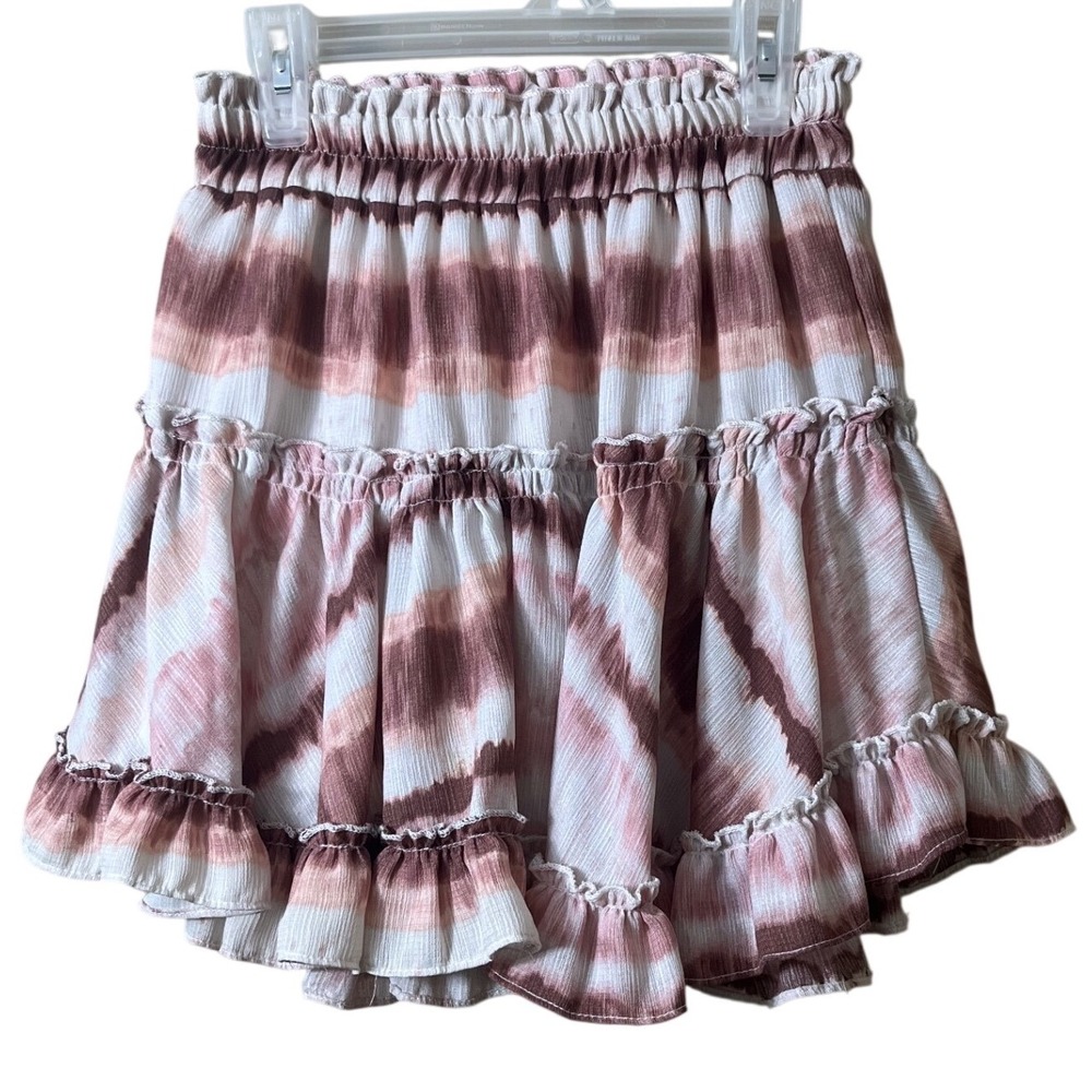Juniper Blu Tie Dye Ruffle Tiered Mini Skirt XS Pink Boho Gauze Smocked Festival
